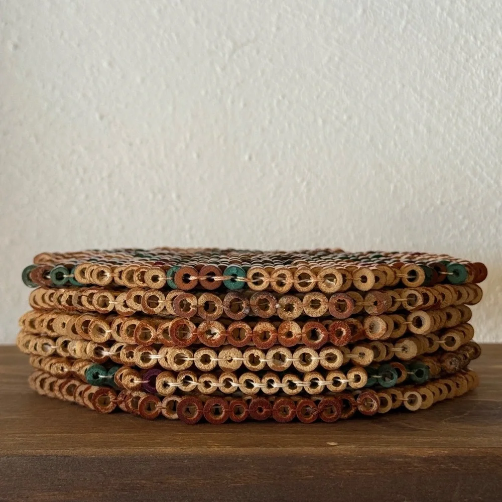 6pc Vintage‎ Bamboo Wood Bead Trivets Set 6 Folk Art Boho MCM Hot Pads Hippie